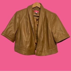 Isaac Mizrahi Mizrahilive! Tan Faux Leather Cropped Jacket Short Sleeves Size 12